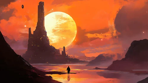 Majestic Sunset Silhouette in Fantasy Setting