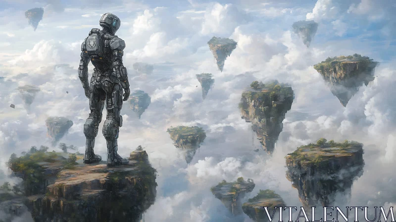 Cyborg in a Fantasy World of Floating Islands AI Image