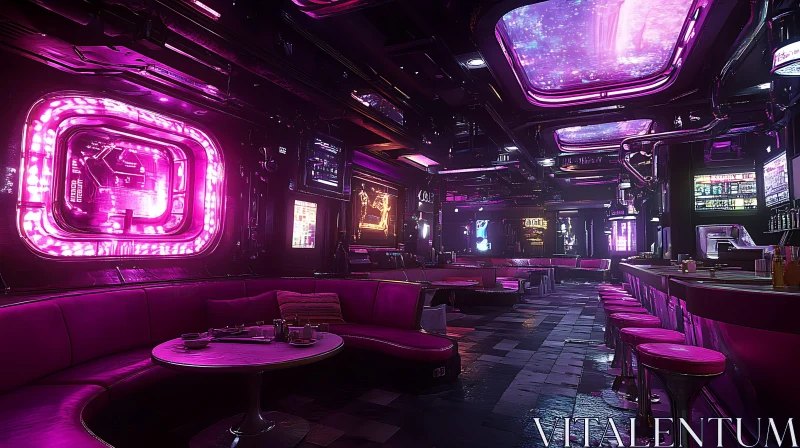 Neon Lit Futuristic Bar Interior AI Image