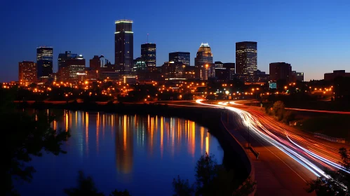 City Skyline with Night Lights and Vehicle Light Trails