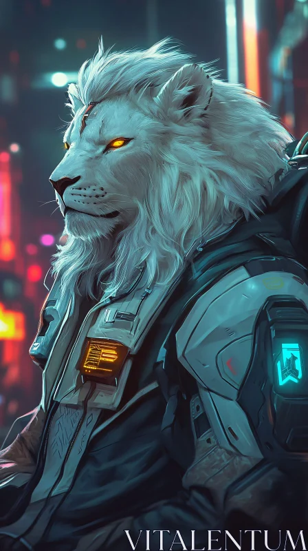 Cybernetic White Lion in Futuristic Urban Setting AI Image