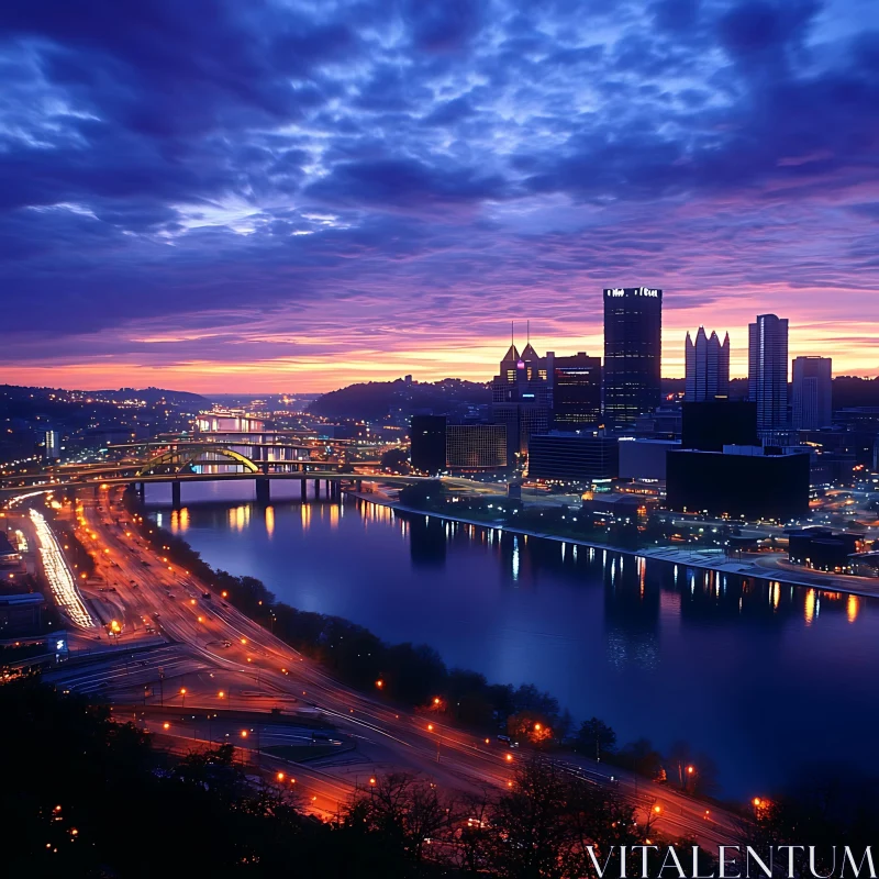 Cityscape at Twilight with Skyscrapers and Reflections AI Image