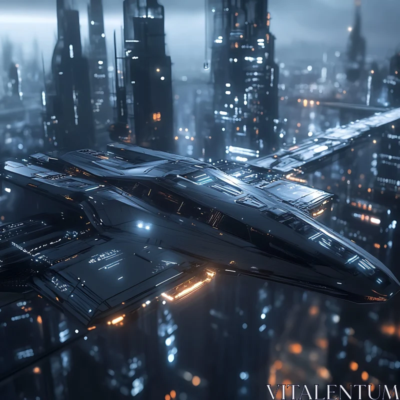 Sleek Spaceship Above Modern Sci-Fi City AI Image