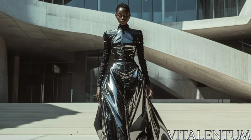 Glossy Black Outfit on Modern Runway AI Image