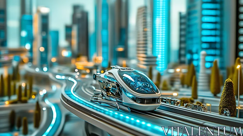 Advanced Urban Scene with Sleek Transportation and Towering Buildings AI Image