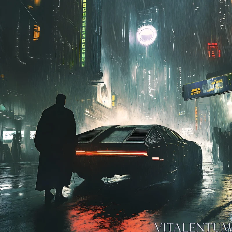 Cyberpunk Rainy Night with Futuristic Vehicle AI Image