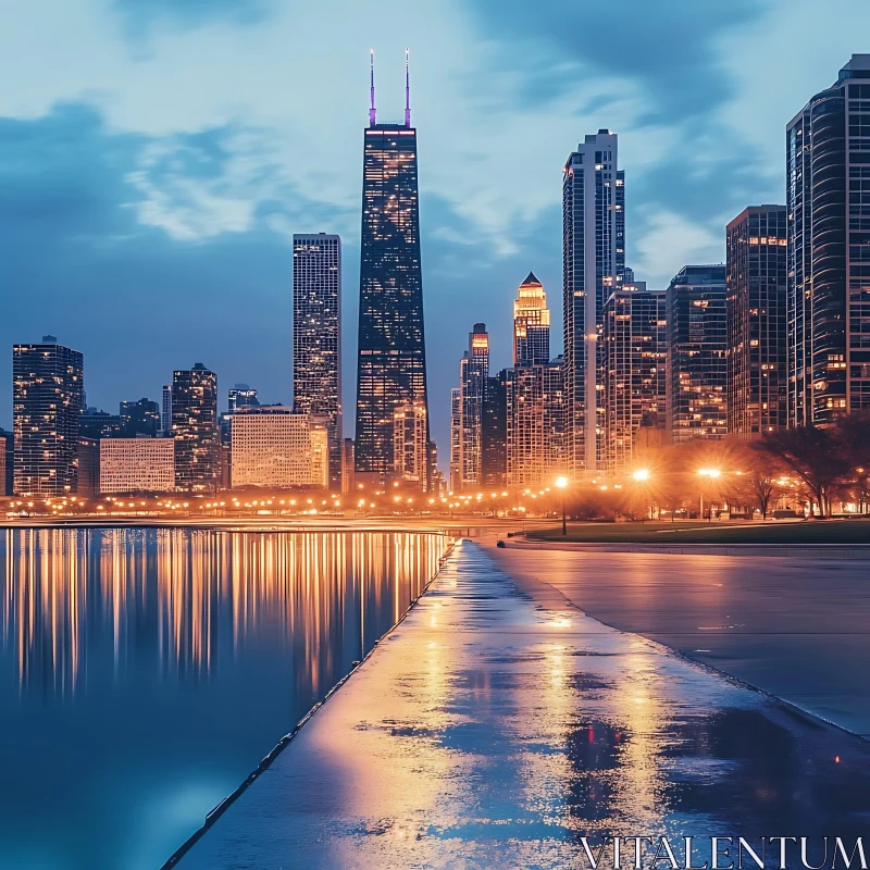 City Skyline in the Evening with Reflective Waterfront AI Image