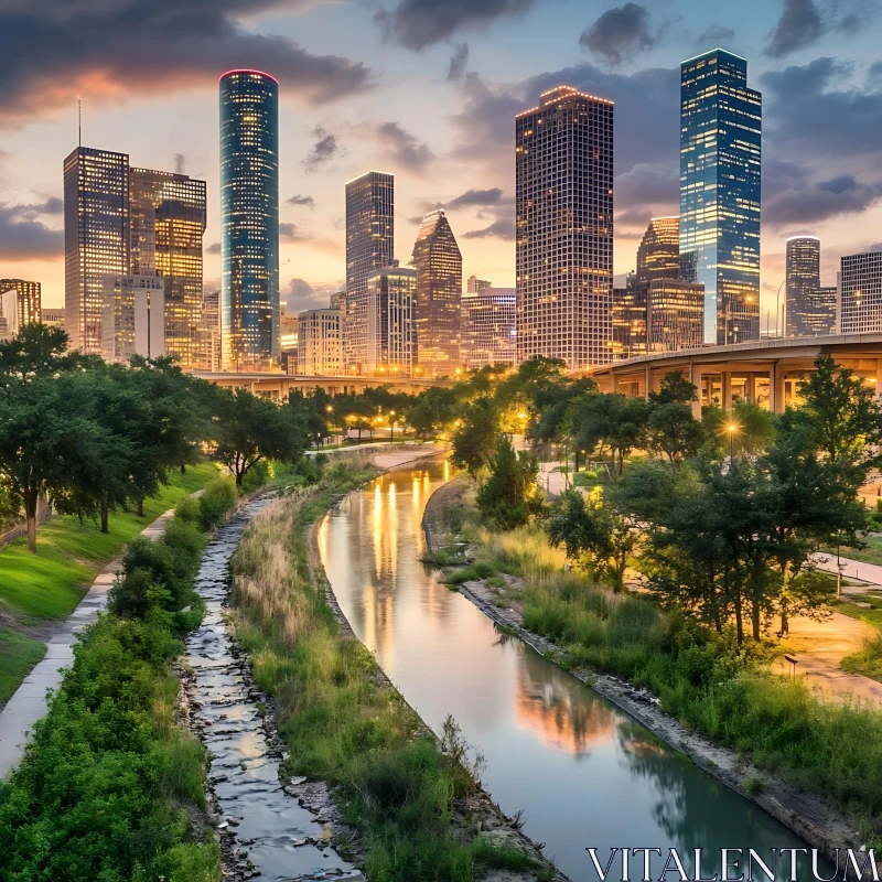 AI ART Urban Skyline at Sunset with River and Greenery