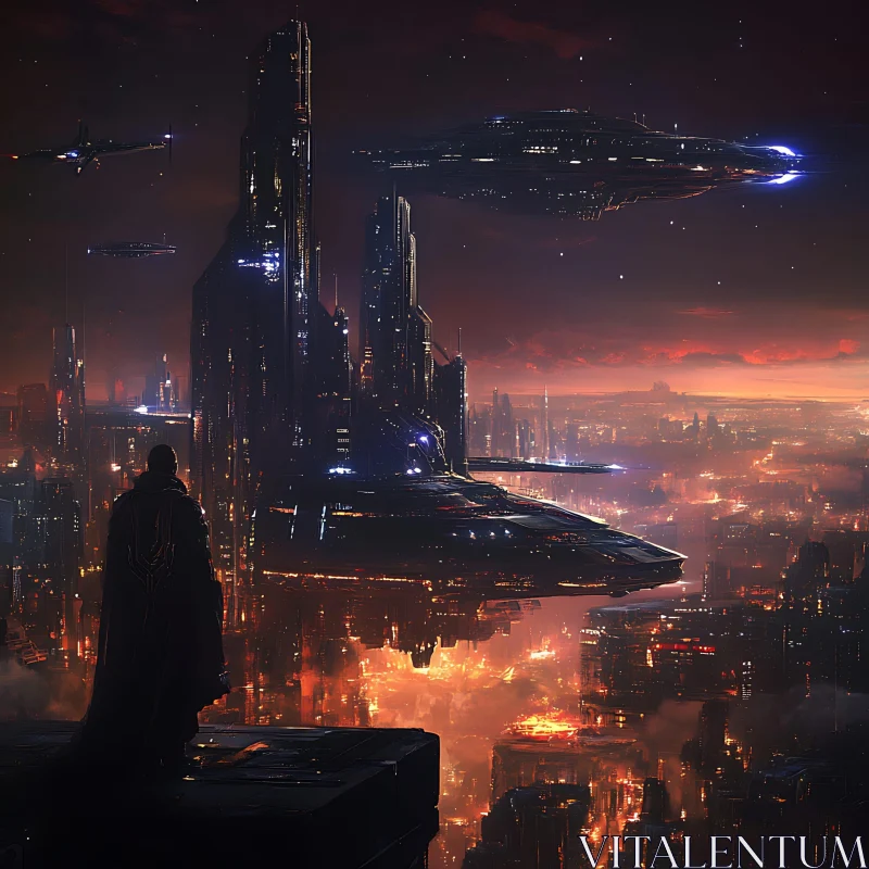 Neon-Lit Futuristic Urban Skyline with Spaceships AI Image