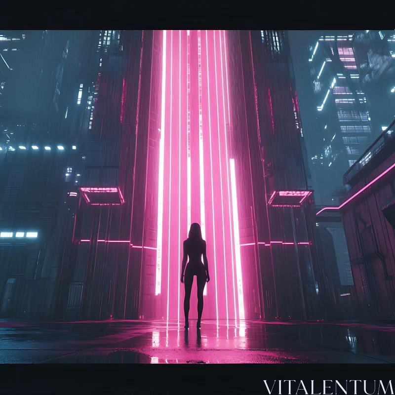 Cyberpunk Cityscape with Silhouetted Figure AI Image