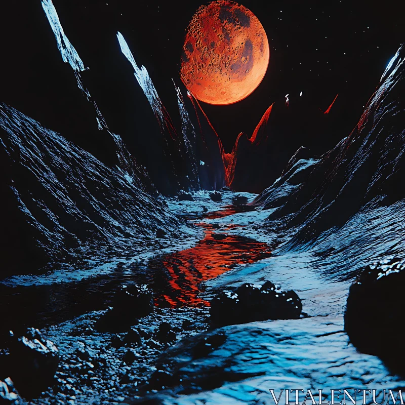 Otherworldly Nightscape with Fiery Moon and Rugged Terrain AI Image