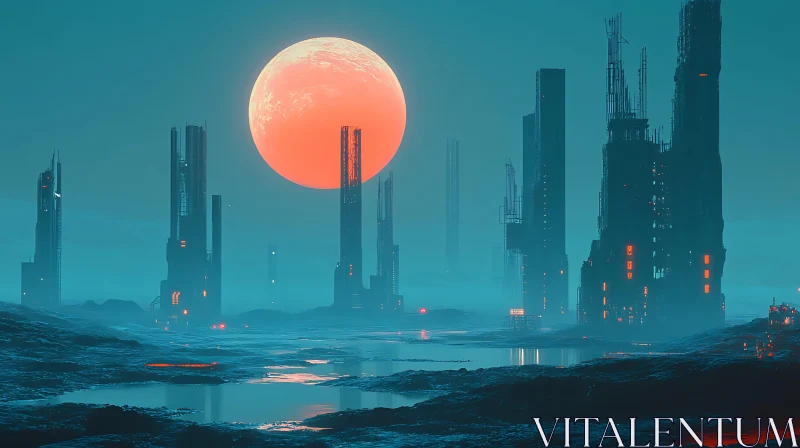 Sci-Fi City at Night under an Orange Moon AI Image