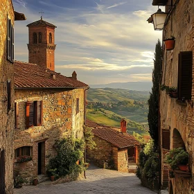 Sunlit Village Street with Tower and Lush Hills