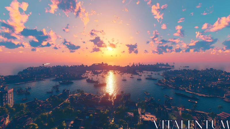 Sunset Harbor Cityscape with Boats AI Image