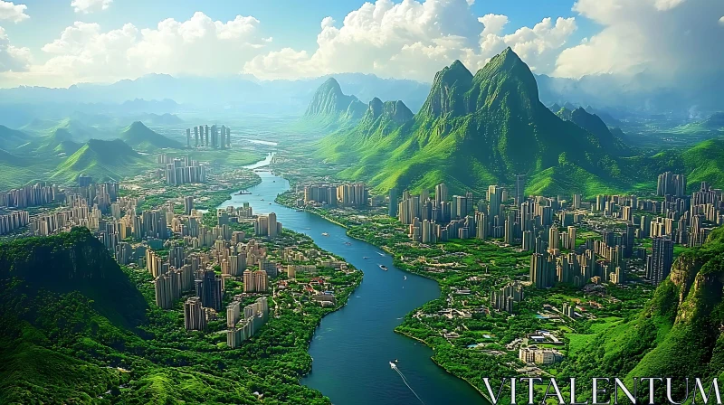 Harmony Between Urban City and Verdant Mountains AI Image