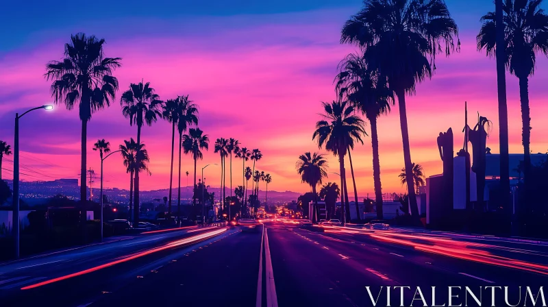 Urban Sunset with Palm Trees and Traffic AI Image