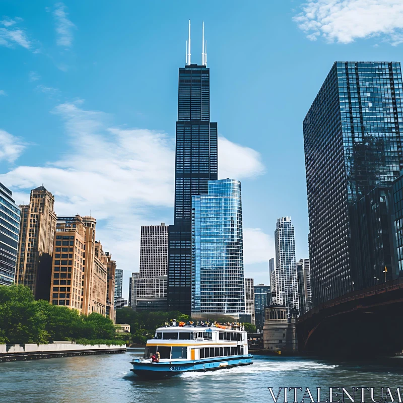 Cityscape with Towering Skyscrapers and River Boat AI Image