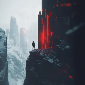 Lonely Figure on Snowy Cliff with Illuminated Red Structure