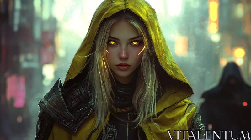 Cyberpunk Woman with Yellow Hood and Armor in Futuristic City AI Image