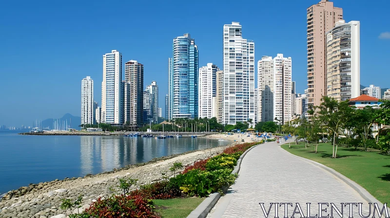 Skyline of Modern Buildings by a Waterfront Promenade AI Image