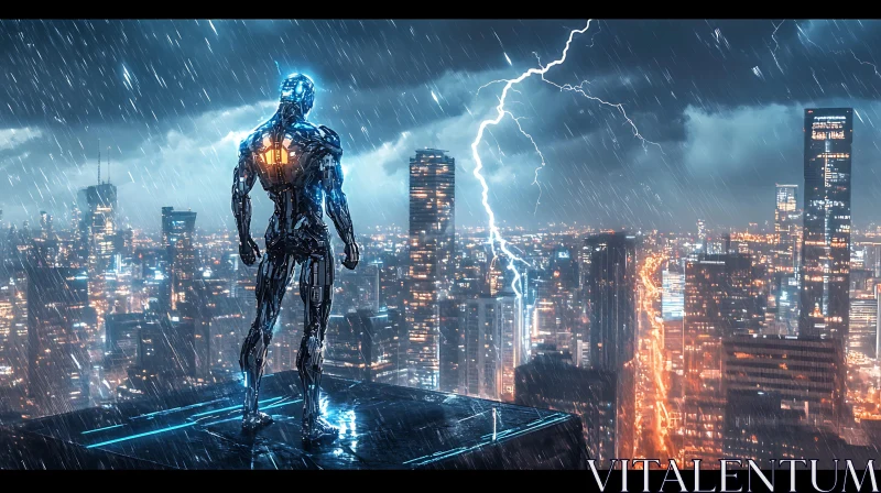 Technological Sentinel in a Rainy Metropolis AI Image