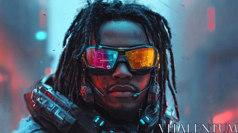 Cyborg Portrait in Neon City AI Image