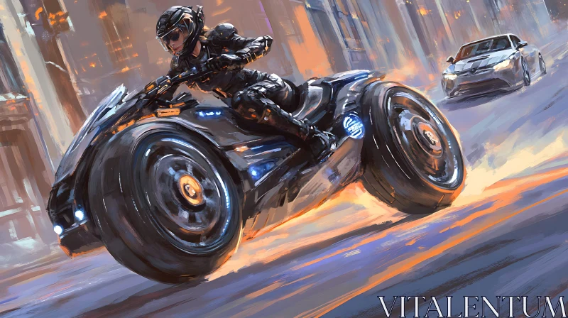 High-Tech Motorcycle Chase in Urban Nightscape AI Image