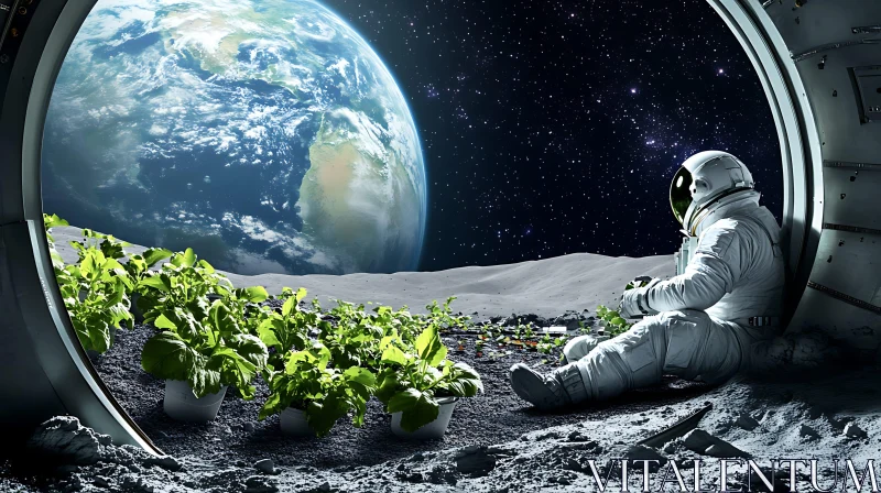 Lunar Habitat with Astronaut and Earth View AI Image