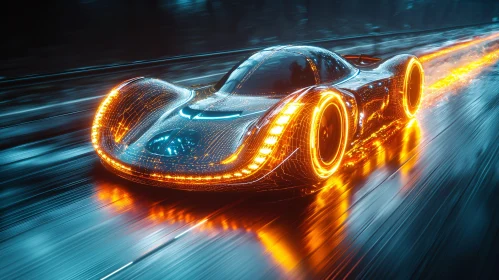 Glowing High-Tech Car on Wet Road at Night