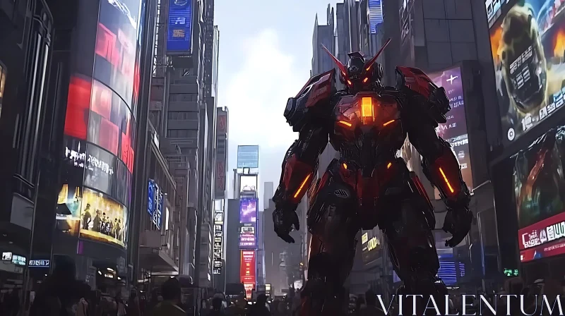 Giant Robot Amidst Cyberpunk City AI Image