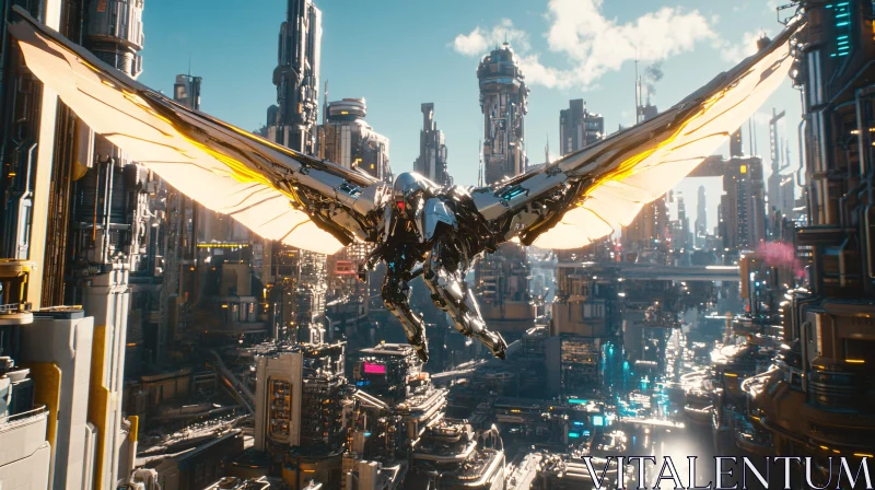 Advanced Cyborg Soaring in Technological Metropolis AI Image