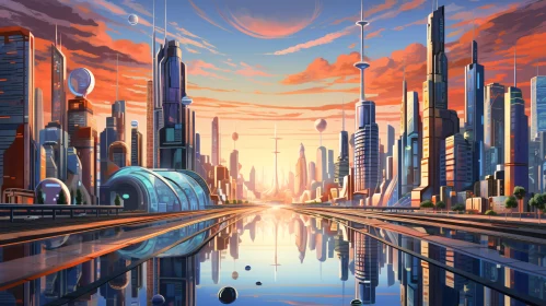 Sunset Over a Futuristic City