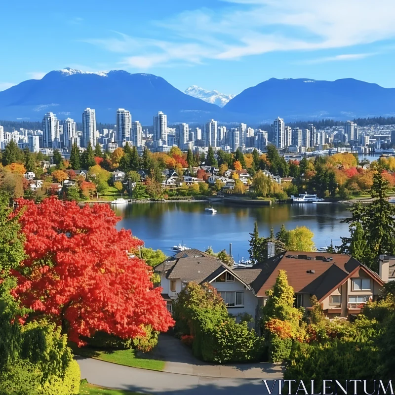 Serene Cityscape in Autumn with Lake and Mountains AI Image