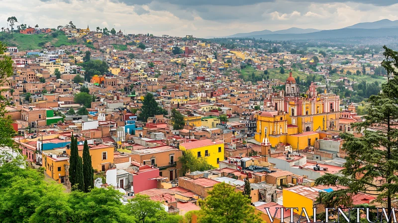 Vibrant Urban Landscape with Prominent Yellow Building AI Image