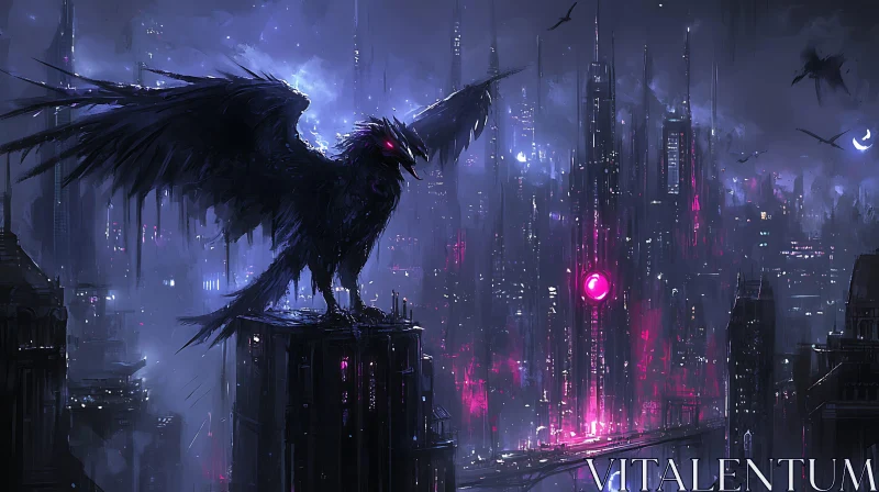 AI ART Surreal Raven Overlooking a Futuristic City at Night