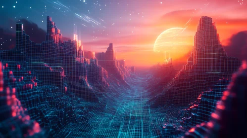 Futuristic Digital World at Sunset