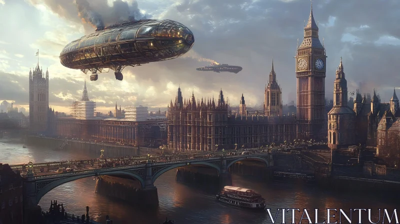 Steampunk Skyline: Airship over Historic London Landmarks AI Image