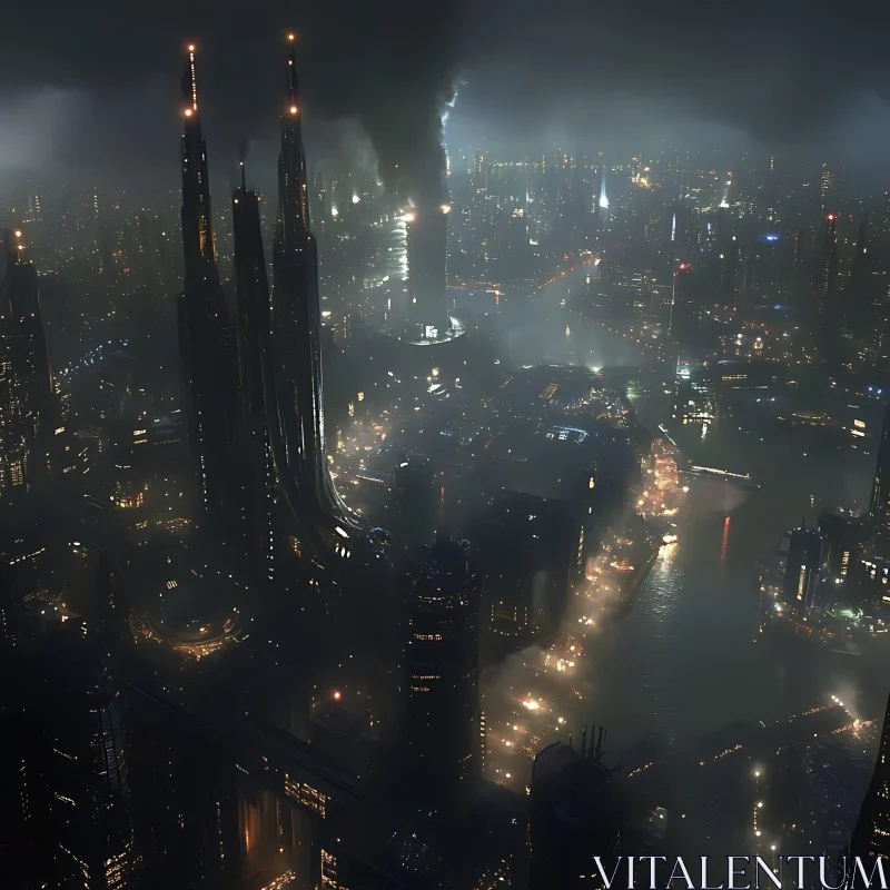 Night View of a Futuristic City AI Image