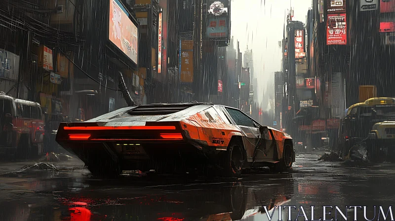 Cyberpunk City Street with Futuristic Car AI Image