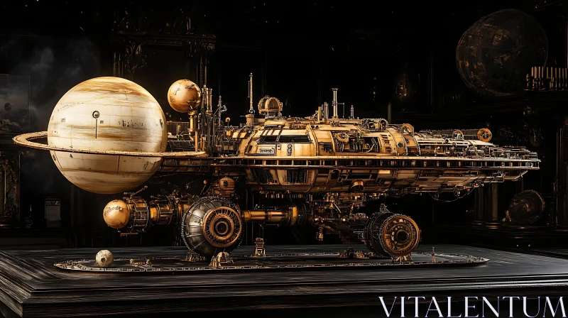 Intricate Steampunk Spaceship Display with Planetary Orbs AI Image