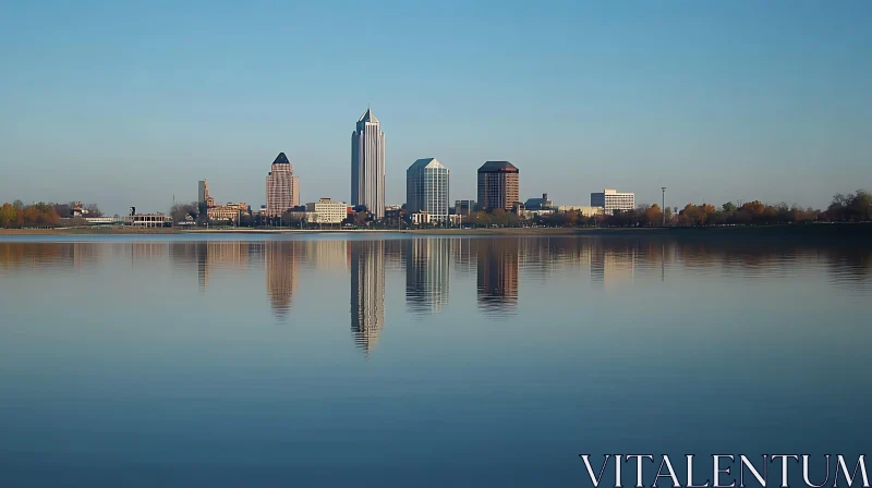 Modern Skyscrapers Reflecting in Tranquil Waters AI Image