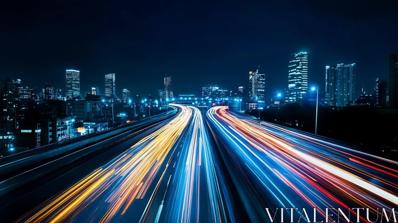 Urban Nightscape with Highway Light Streaks AI Image