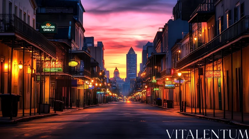 Sunset Over a Vibrant City Street AI Image