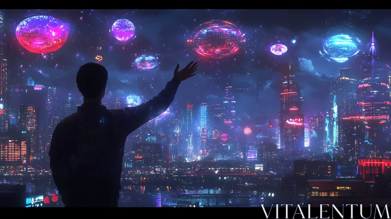 AI ART Neon-Lit Futuristic City with Floating Orbs