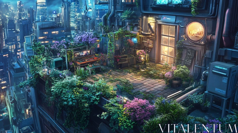 Urban Rooftop Oasis with Lush Greenery AI Image