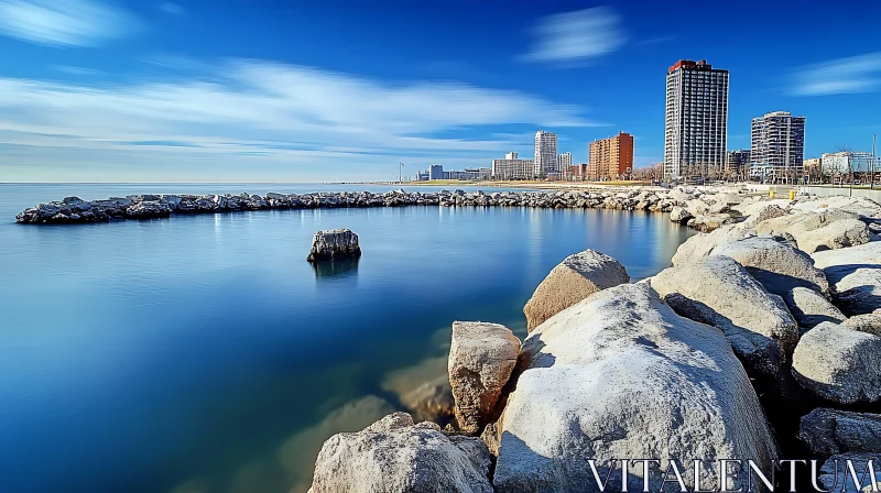 Peaceful Waterfront with City Skyline AI Image