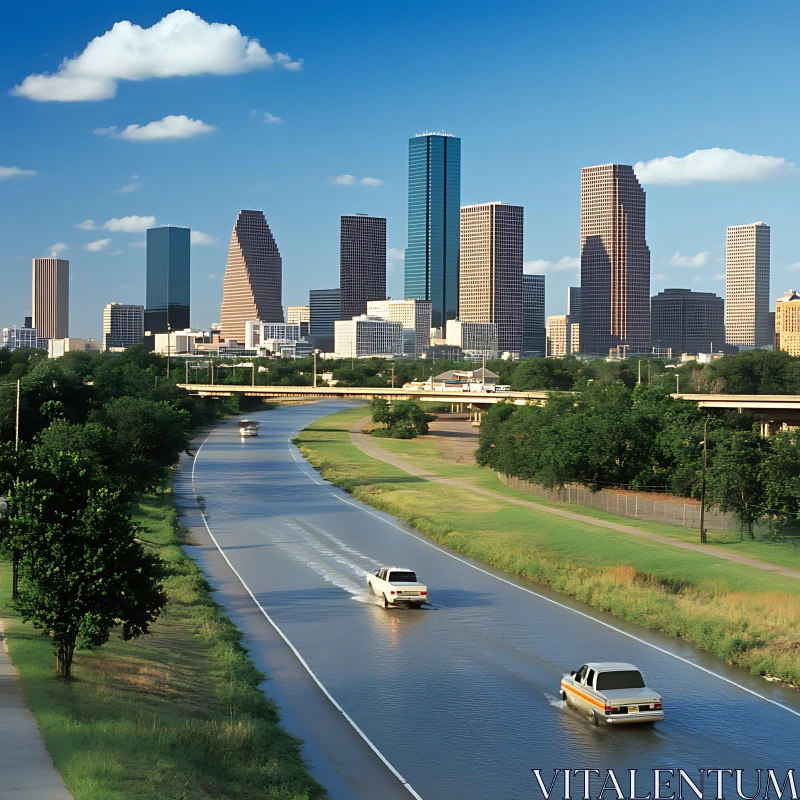 Urban Cityscape with Skyscrapers and Flooded Road AI Image