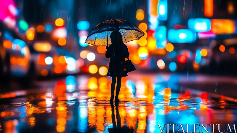 Neon-lit Rainy Street Scene AI Image