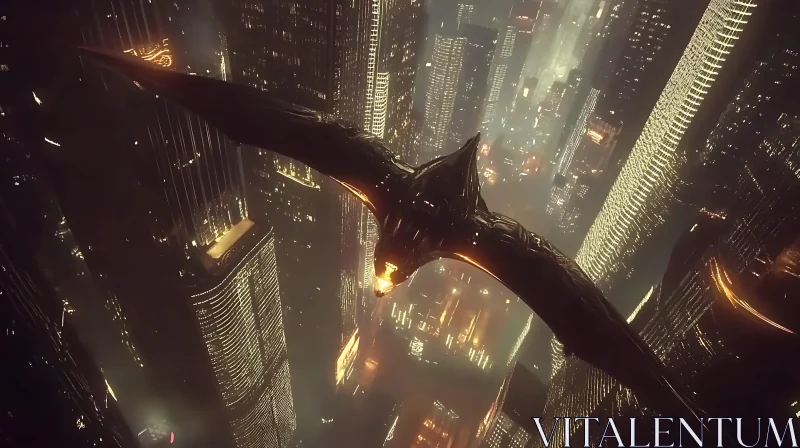 Sci-Fi City Night View with Bat-Like Aircraft AI Image