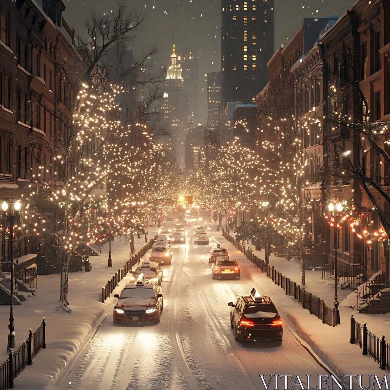 Snowy City Street with Festive Lights AI Image